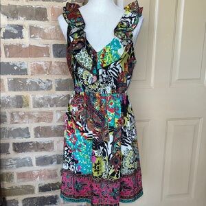 Beige By Eci Floral Paisley Multi Color Ruffle Dress Size 8